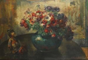 Stilleven Met Bloemen En Japanse Poppen by Frans Mortelmans