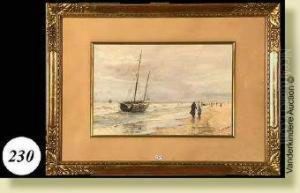 Plageanimee, Aquarelle Sur 
Papier. Signee En Bas A Droite F. Mortelmans.ecole Belge. Dim.: 32x49 Cm by Frans Mortelmans