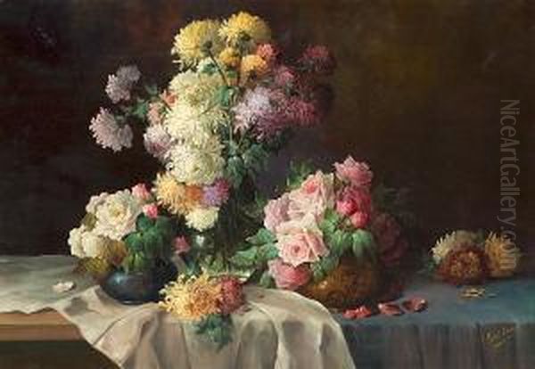 Three Vases Of Chrysanthemums And Roses On A Table - view 1