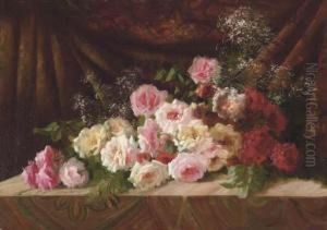 Roses And Baby's Breath On A Cloth-draped Ledge