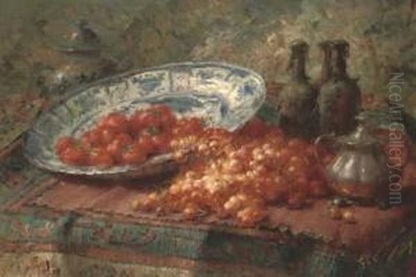 Stawberries In A Delft Bowl With Cherries On A Table - view 1