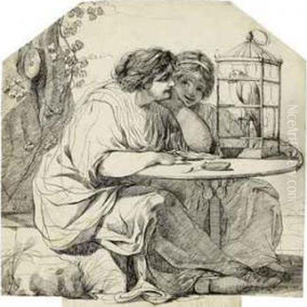 Two Women Watching A Parrot In A Cage - view 1