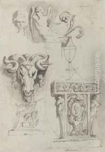 Ram's Head, Classical Pedastal And Winged Female Torso by John Hamilton Mortimer