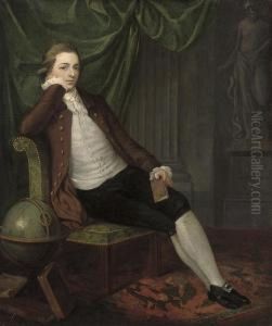 Portrait Of A Gentleman, 
Full-length, Seated In A Brown Coat, A Book In His Left Hand, By A Globe
 And A Statue Of Moses