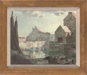 Boats In A Harbour, Cornwall by Thomas Corsan Morton