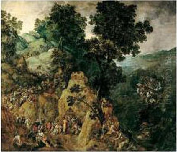 The Israelites' Flight From
Egypt To The Promised Land, With Pharaoh's Army Engulfed By The Red Sea,
Moses Striking The Rock, And Moses With The Tablets Of The Law - view 1