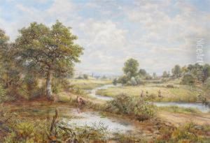 A River Landscape With Figures Haymaking