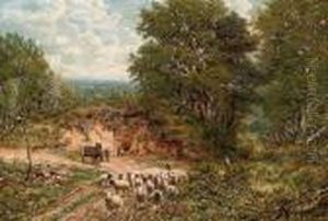 A Shepherd And His Flock On A Country Road by George William Mote