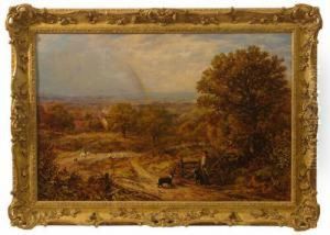 Extensive Landscape With Figures &amp; Dogs Herding Sheep &amp; Distant Rainbow