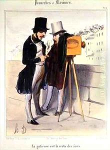 Cartoon ridiculing the length of time necessary to take a daguerrotype photo by Honore Daumier