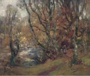 A Figure In A Wooded River Landscape by William Mouncey