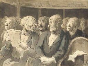 A man holding a theatre programme looking back at an eavesdropper in a theatre stall by Honore Daumier