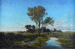 Troupeau S'abreuvant Sous L'arbre by Henri Laurent Mouren