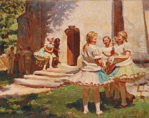 Girls In Front Of A Church by Tivadar Josef Mousson