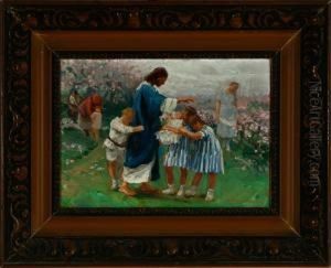 Mother And Her Children In A Rose Garden by Tivadar Josef Mousson