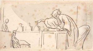 A lawyer pointing to a defendant in a courtroom by Honore Daumier