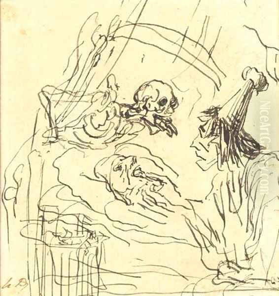 Death looming over a dying man tended by a doctor - view 1