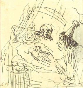 Death looming over a dying man tended by a doctor by Honore Daumier