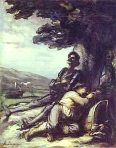 Don Quixote And Sancho Pansa Having A Rest Under A Tree 1855 by Honore Daumier