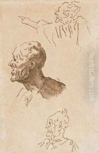Etude de trois tetes d'homme, l'un montrant du doigt by Honore Daumier