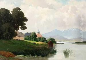 Voralpenlandschaft Mit Kloster Am Ufer