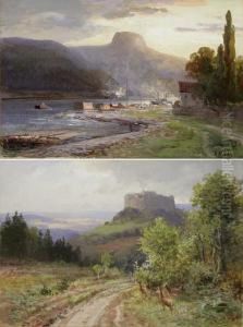 Fluslandschaft Mit Schiffsanleger / Rehe Am Waldrand by Albert Ernst Muhlig