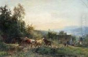 Hutebuben Mit Rinderherde Am Rande Eines Gebirgsdorfes by Bernhard Muthlig