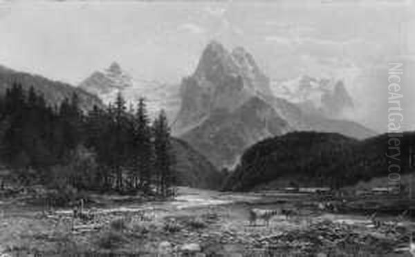 Alpenlandschaft Mit Dem
Rosenlauigletscher. Signiert Unten Links: B. Muhlig. Ol Auf Leinwand. H
28; B 45 Cm. - view 1