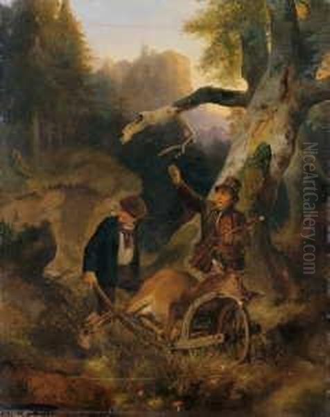 Zwei Wildererszenen. 1. Wilderer
Einen Erlegten Hirsch Abtransportierend. 2. Wilderer Den Erlegten
Hirsch Aufbrechend - view 1