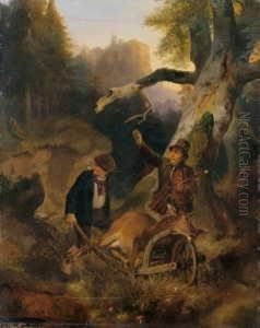 Zwei Wildererszenen. 1. Wilderer
Einen Erlegten Hirsch Abtransportierend. 2. Wilderer Den Erlegten
Hirsch Aufbrechend by Meno Muhlig