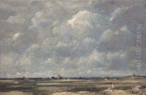 Figures In An Expansive Landscape, A Windmill Beyond by David Thomson Muirhead