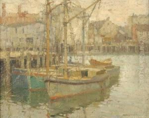 View Of Gloucester Harbor With Docked Fishing Boats by Frederick John Mulhaupt