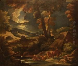 Paesaggio Con Figure E Animaliolio
