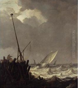 Ships In Stormy Seas With Fishermen Standing At A Jetty