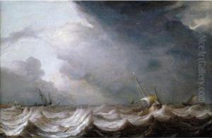 Dutch Fishing Pinks And Other Small Vessels At Sea In Stormy Weather by Pieter the Younger Mulier