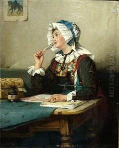 Junge Frau In Tracht Mit Gansekiel Und Heften Beim Schreiben Eines Briefes by August Muller