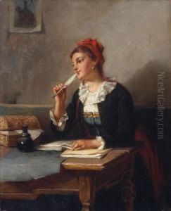 Junges Dirndl Am Schreibtisch