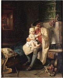 Muller , Baby's Dinner, Signed 
And Inscribed Munchen, Oil On Canvas, 45.5 X 36 Cm.; 17 3/4 X 14 In by August Muller