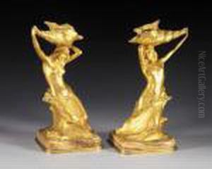 A Pair Of Art Nouveau Gilt Bronze Figural Candlesticks, Early 20th Century by Hans Muller