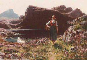 A Girl On A Sunlit Track Before A Fjord by Hans Dahl