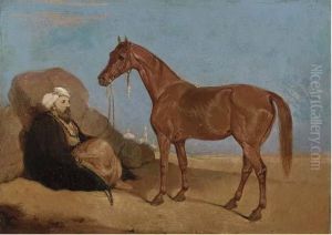 An Arab Smoking A Pipe, A Horse To His Side by Leopold Carl Muller