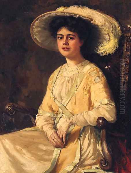 Portrait Of An Elegant Lady, Seated Three-Quarter-Length, Wearing A Plumed Hat - view 1