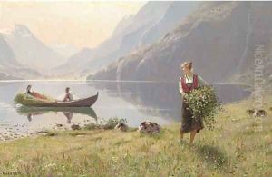 Harvesters by the banks of a fjord by Hans Dahl