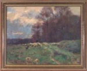 Schafer Mit Seiner Herde Am Herbstlichen Waldrand by Peter Paul Muller