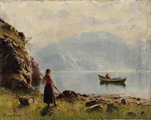 Young Girl by Norwegian Fjord by Hans Dahl