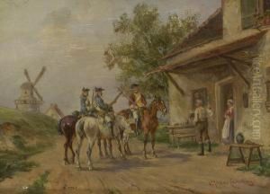 Berittene Soldaten Vor Einem Bauernhaus by Ludwig Muller-Cornelius