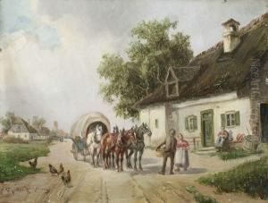Haltender Planwagen Auf Einer Dorfstrasse by Ludwig Muller-Cornelius