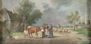 Bauern Im Gesprach Auf Einer Dorfstrasse by Ludwig Muller-Cornelius
