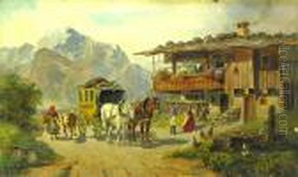 Travellers Outside An Alpine Farm House - view 1