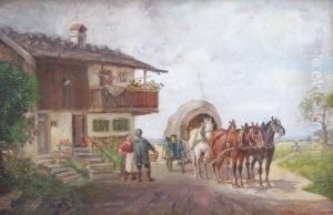 Die Ankunft Der Postkutsche Vor Einem Bauernhaus by Ludwig Muller-Cornelius